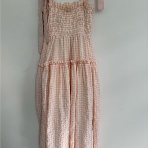MARBLE Peach Gingham Smocked Dress with pockets